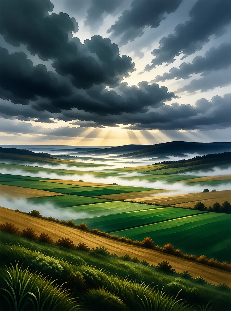 Rolling farmland covered in mist under a heavy overcast sky with beams of sunlight breaking through the atmosphere.