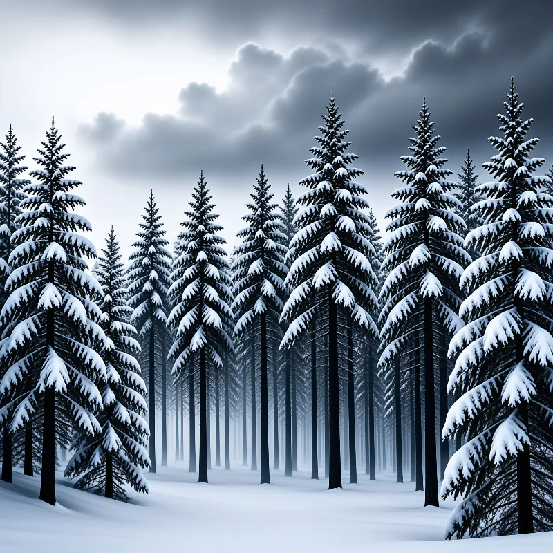 A dense stand of tall evergreen trees blanketed in thick white snow beneath a heavy grey overcast sky.