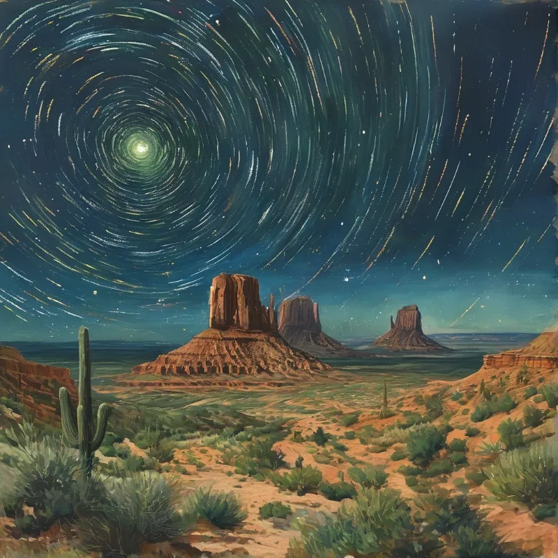 A painted desert scene featuring tall rock formations beneath a vast night sky filled with circular star trails.