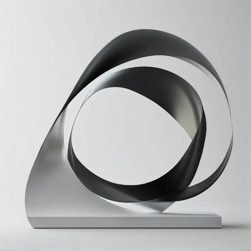An abstract metal artwork with flowing black and silver curves resting on a simple grey base in a bright studio.