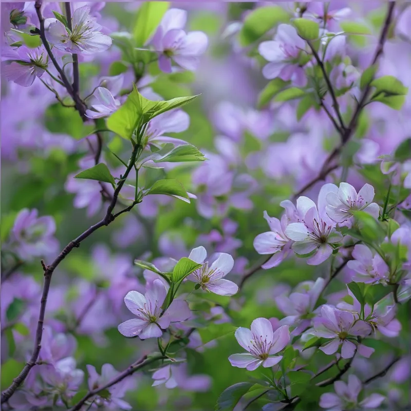 Pale pink blossoms grow on dark branches, fresh green leaves stand out against a soft blurred background of similar blooms.