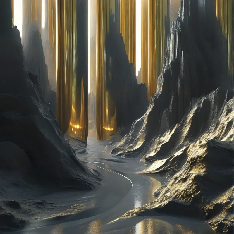 Vertical sheets of molten gold light stand inside a black rock gorge as a pale liquid river curves along the floor.