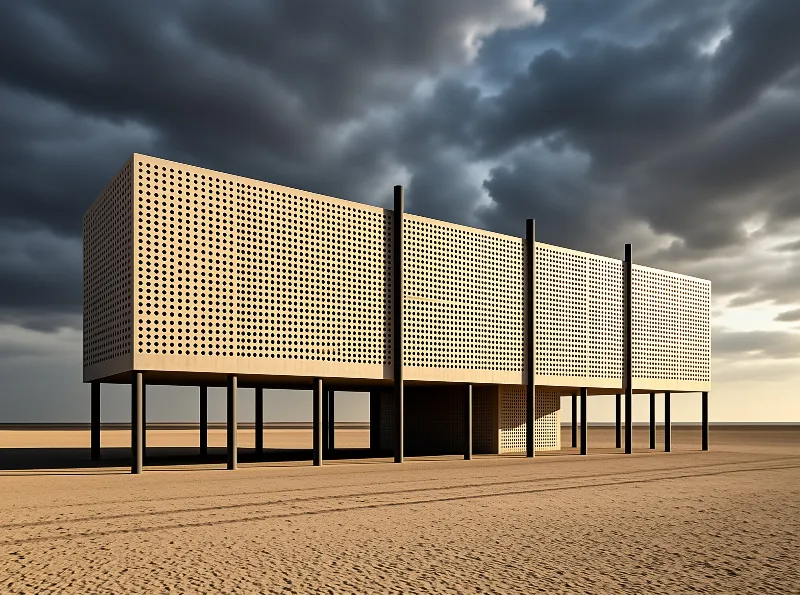 A long cream coloured block pierced with round holes stands on thin columns beneath heavy grey storm clouds.