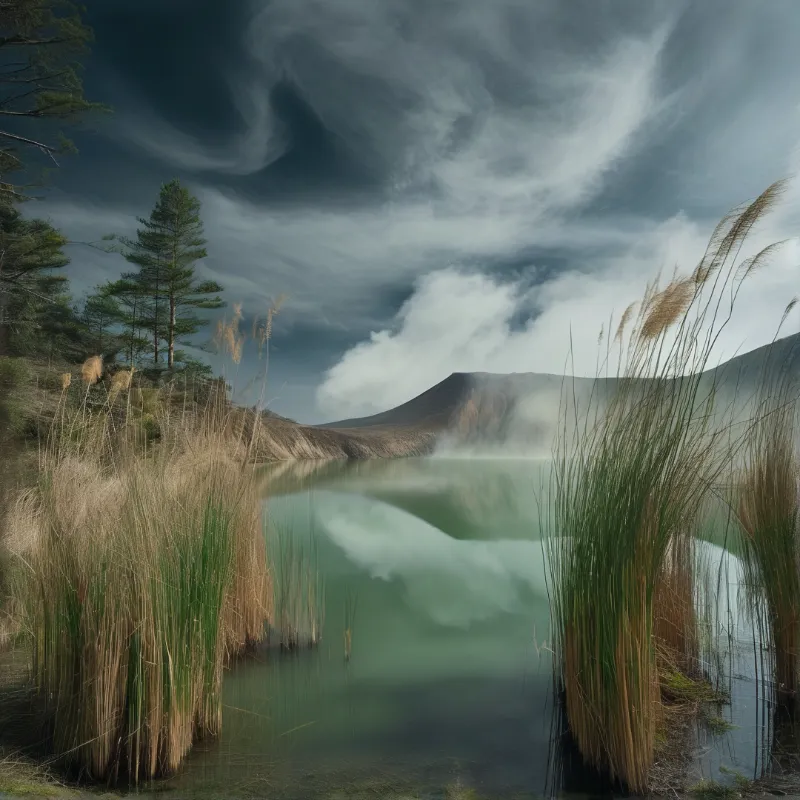 A still volcanic crater lake framed by tall tan reeds reflects a dramatic streaky cloud sky and conifer trees on its slope.