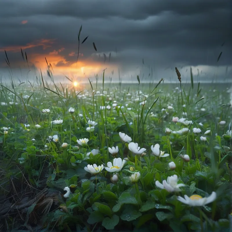 Small white wildflowers grow in a grassy field while dark clouds loom over a bright orange sunset on the horizon.