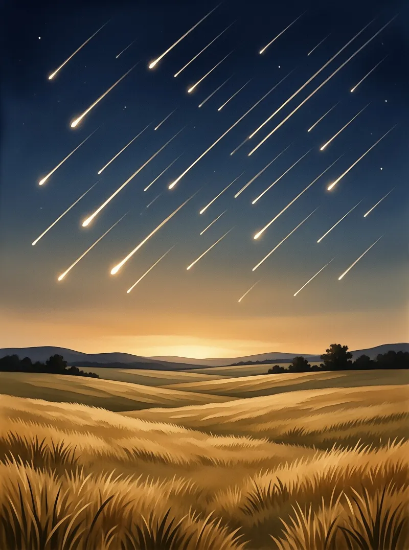 A multitude of bright meteors streak diagonally across a deep blue night sky transitioning into an orange horizon. Below, a vast field of golden grass stretches towards distant silhouetted hills under the glow of the falling stars.