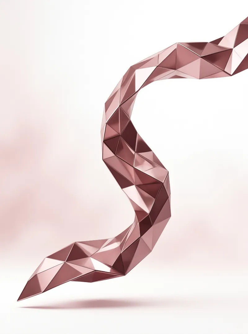 A low poly snake like form of metallic rose gold facets sweeps in an S curve across a pale pink gradient.