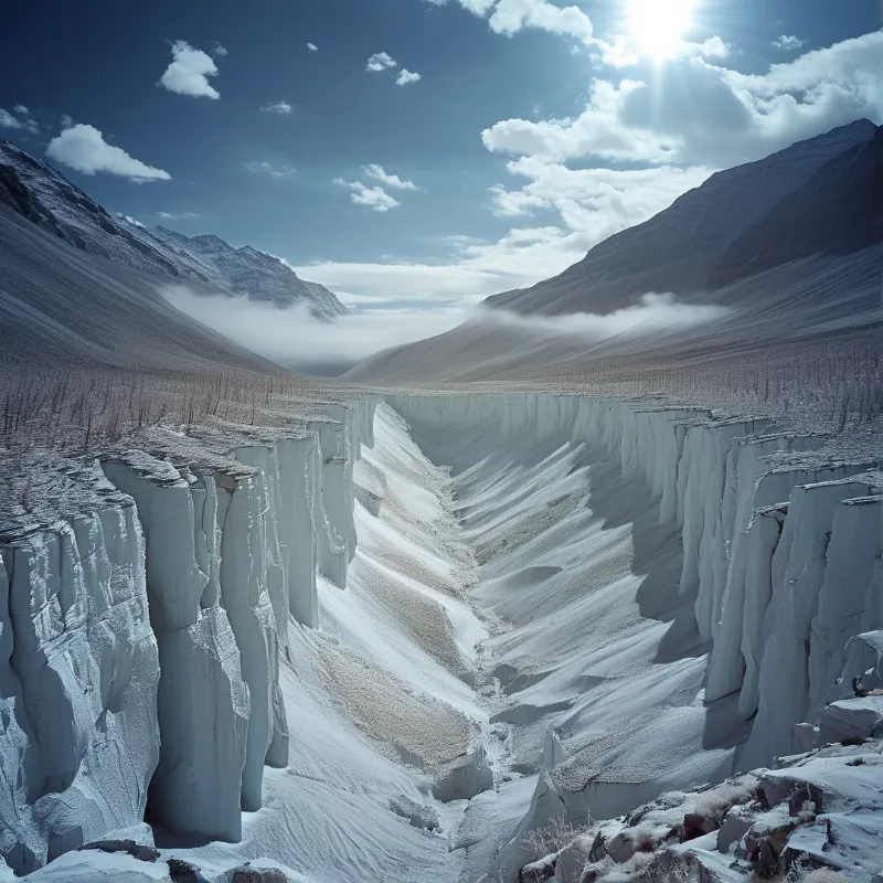 A V shaped frozen gorge with pale blue ice walls descends toward low fog beneath a sunlit sky