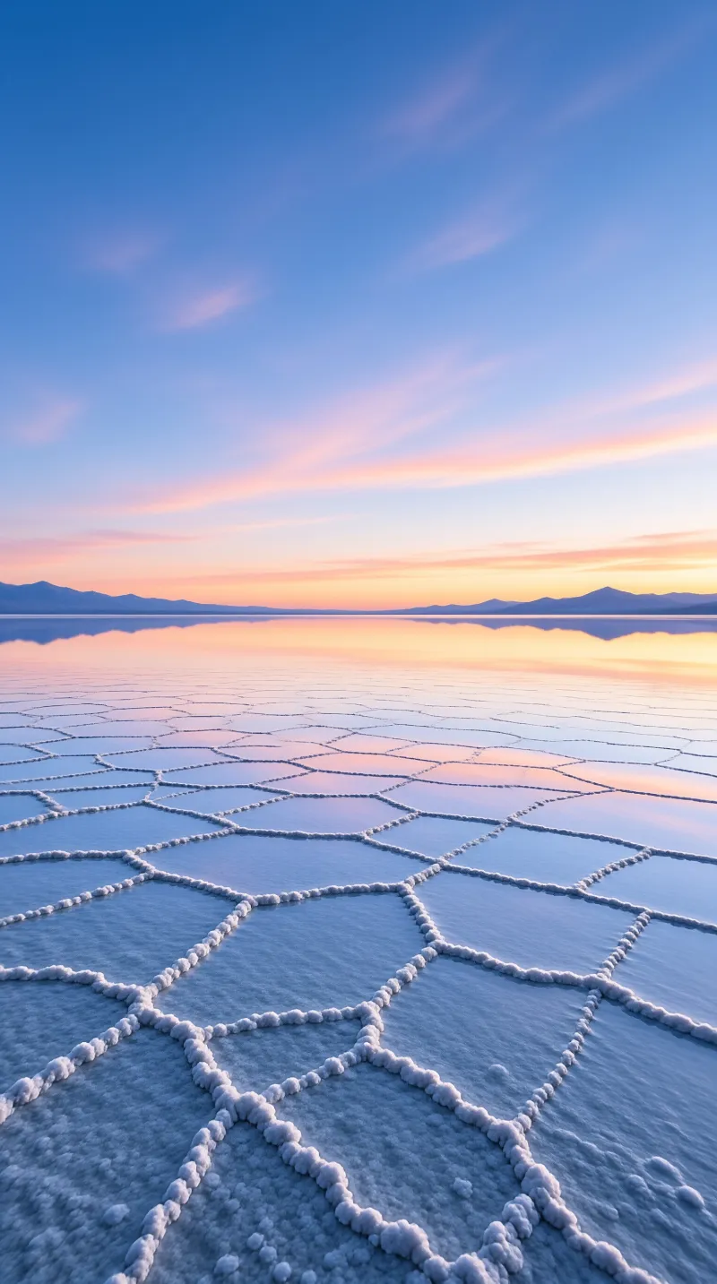 A wide view of salt crystal ridges forming hexagons that mirror the colorful sky and distant mountains.