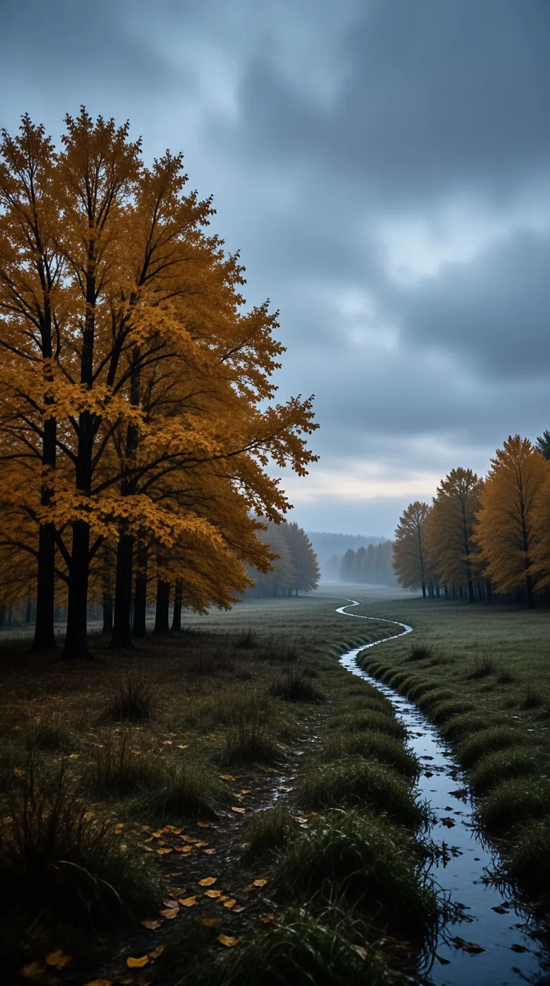 A winding stream flows through a grassy field bordered by trees with yellow autumn foliage under a grey sky.