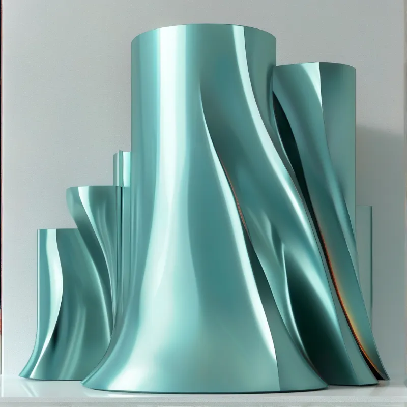 Twisted brushed metal cylinders of varying heights catch cool highlights against a pale neutral backdrop.