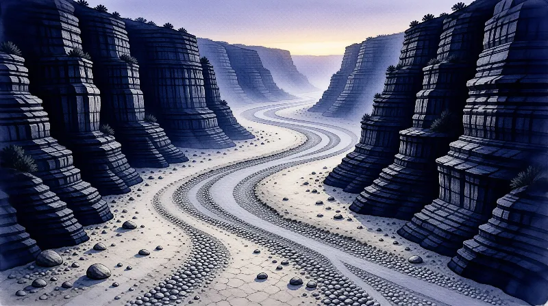 A stylized dry riverbed winds between towering blue canyon walls toward a glowing horizon at sunrise.