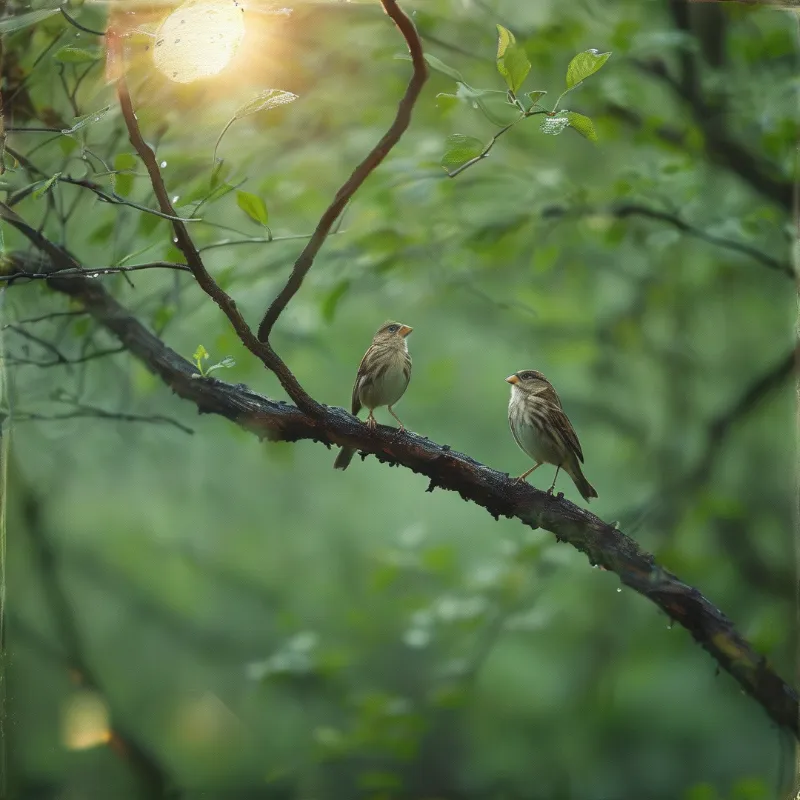 Two striped small sparrows perch on a wet forest branch as warm sunlight shines through the blurred green leaves behind.