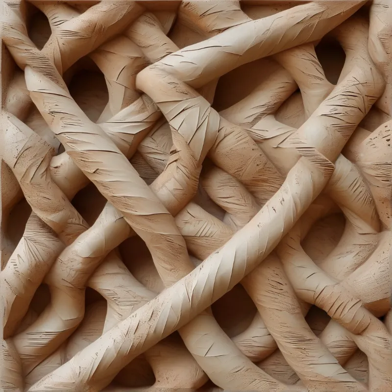 A close up view of pale beige woven material with diagonal strands twisting over each other under soft lighting.