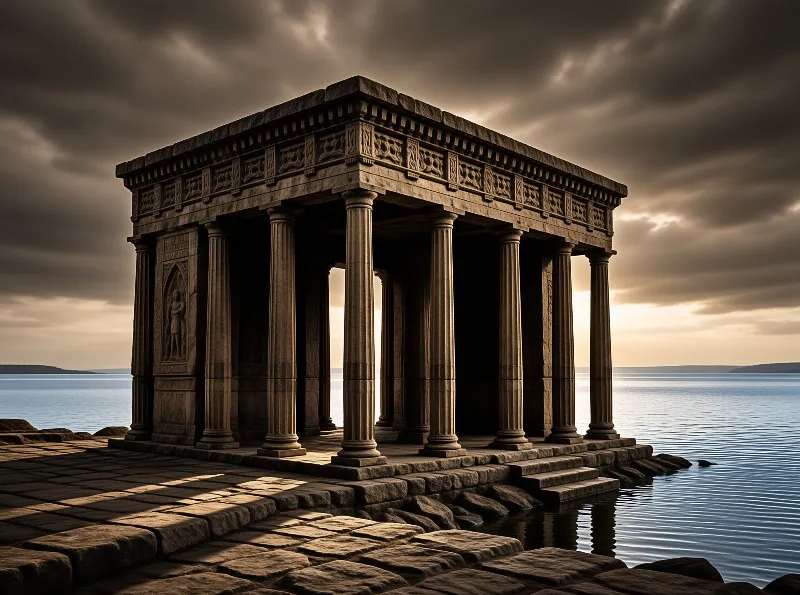 A classical temple with a colonnade stands on a paved stone platform extending into a calm lake under a dramatic cloudy sky.