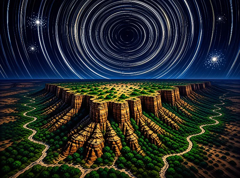 Layered mesa rises above a forested desert basin under a dark sky streaked with concentric star trails and bright stars.