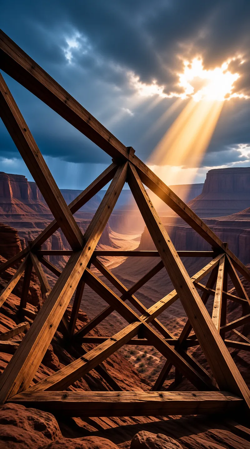 Wooden beams form a geometric structure overlooking a red rock canyon while bright sunbeams illuminate the distant landscape.