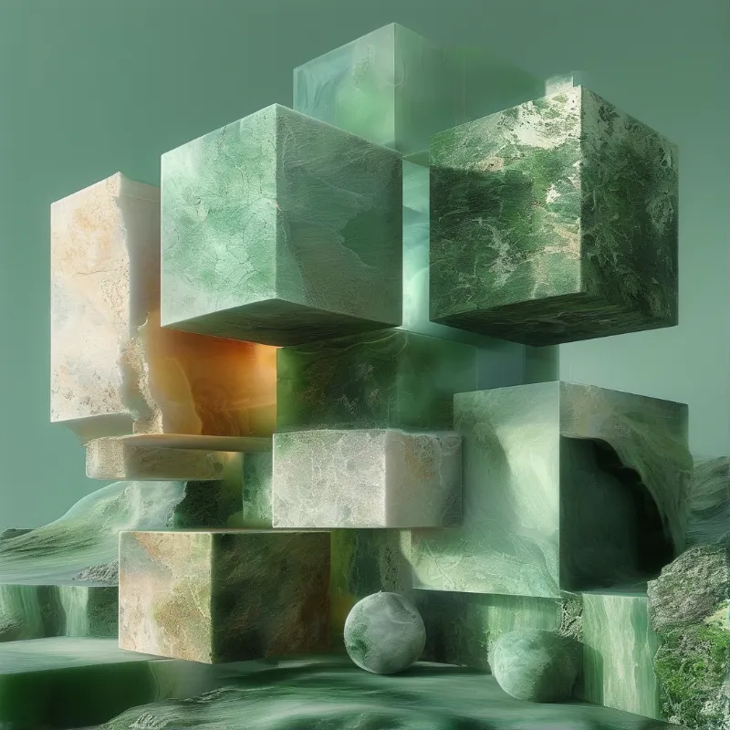 Stacked stone textured cubes and spheres in layered green tones float above a veined surface.