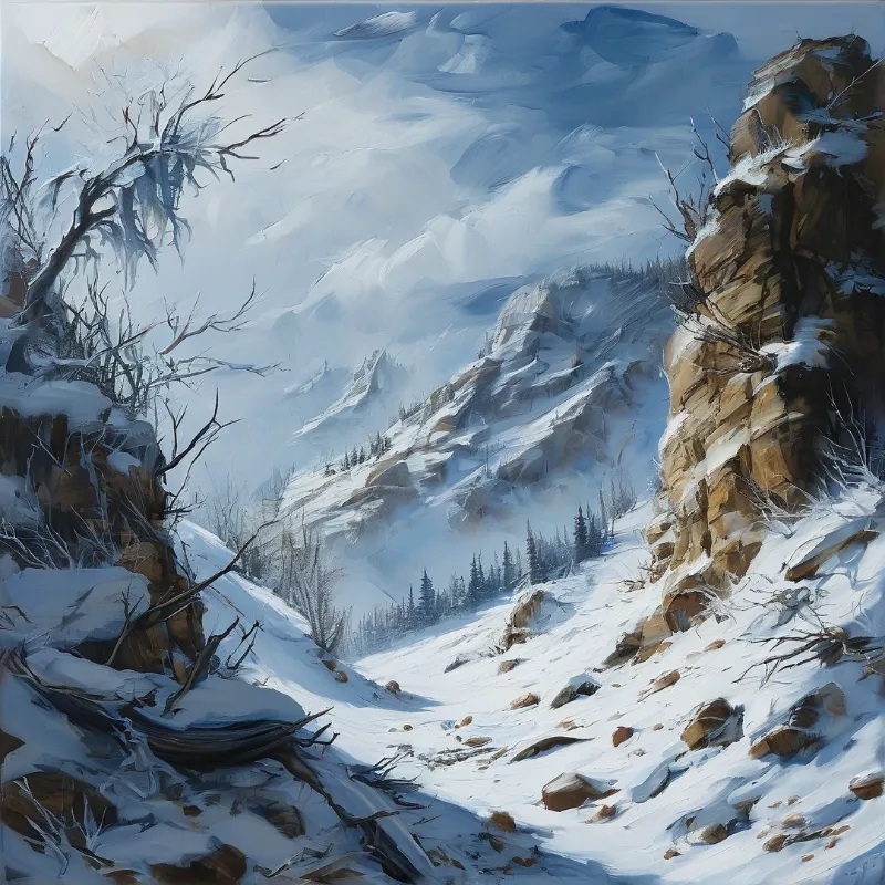 Wide snow covered alpine valley framed by rugged rock formations and bare frozen trees in soft cool pale light