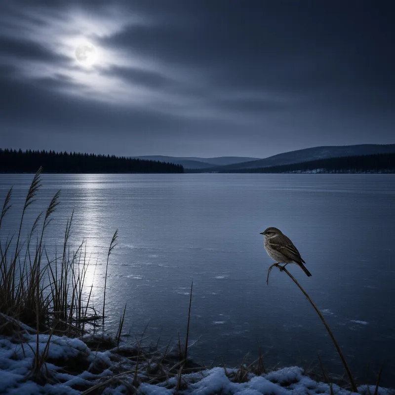 A small bird perches on a reed above a frozen lake while the moon shines over distant snowy hills and dark trees.