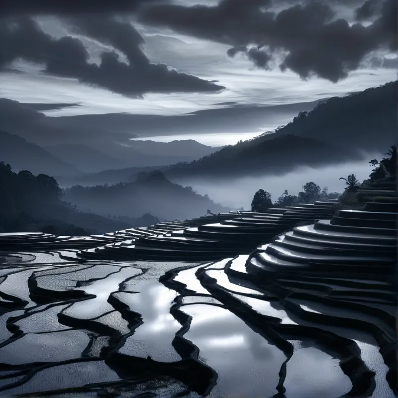 Monochrome view of terraced rice paddies filled with water reflecting the overcast sky amidst misty rolling hills.