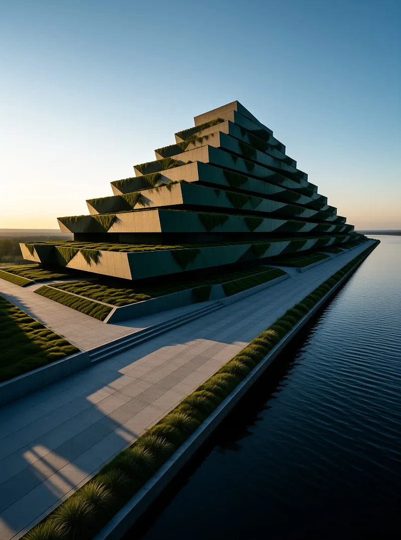 A stepped structure with green terraces stands beside a river while warm light casts shadows across the paved walkway.