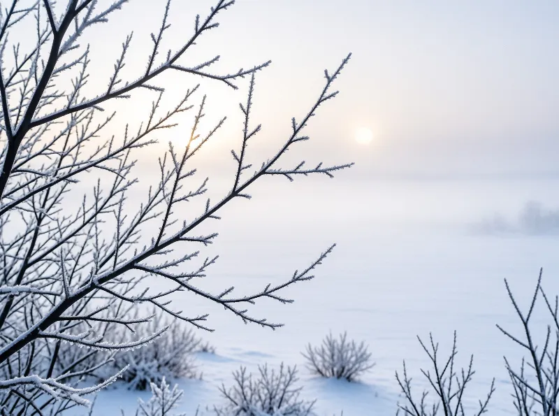 Frost covered bare tree branches in the left foreground over a snowy field with a hazy sun low in the sky.
