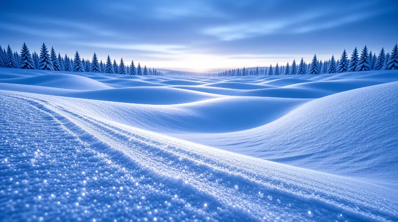 Rolling fields of white snow stretch towards a distant forest line under a pale blue sky.