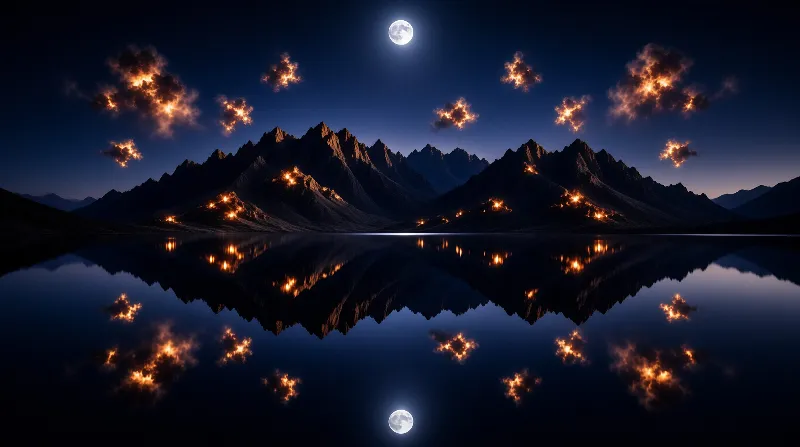 Jagged dark peaks and burning amber cloud sit perfectly still in a mirror lake under a bright full moon.