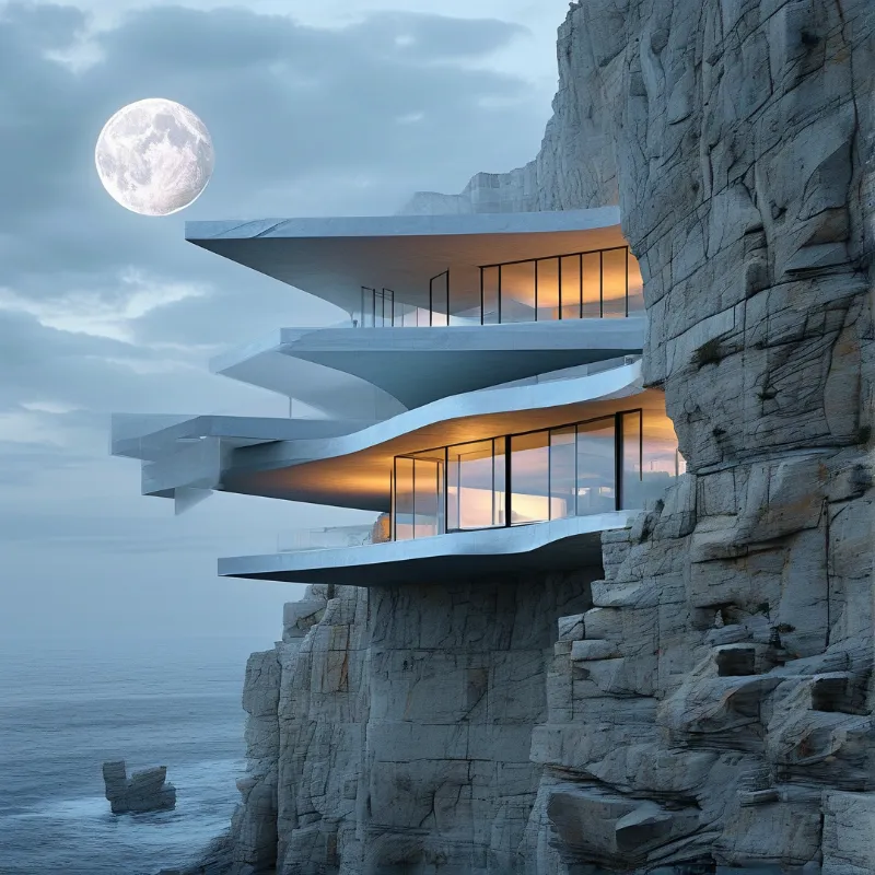 Layered concrete slabs glow warm from within as they cantilever from a limestone cliff above the sea.