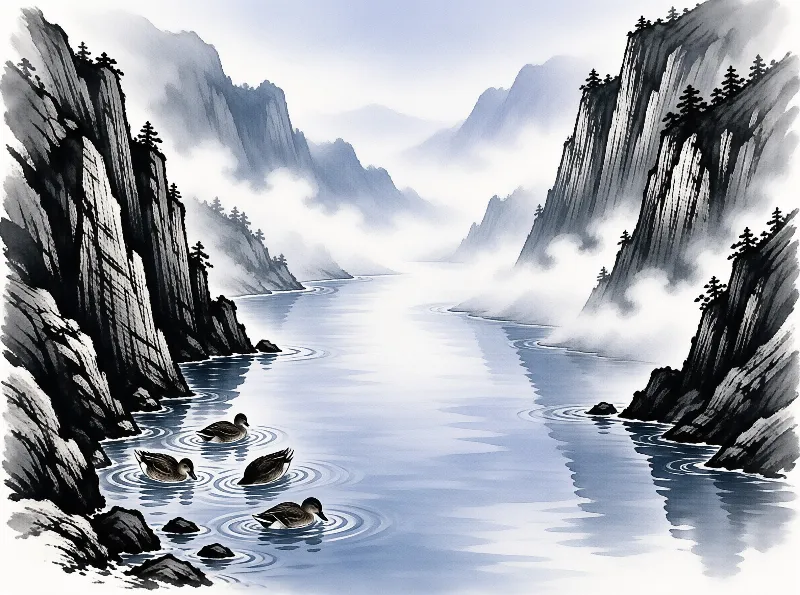 A group of four ducks swims peacefully along a calm stream flanked by tall foggy cliffs covered in pine trees.