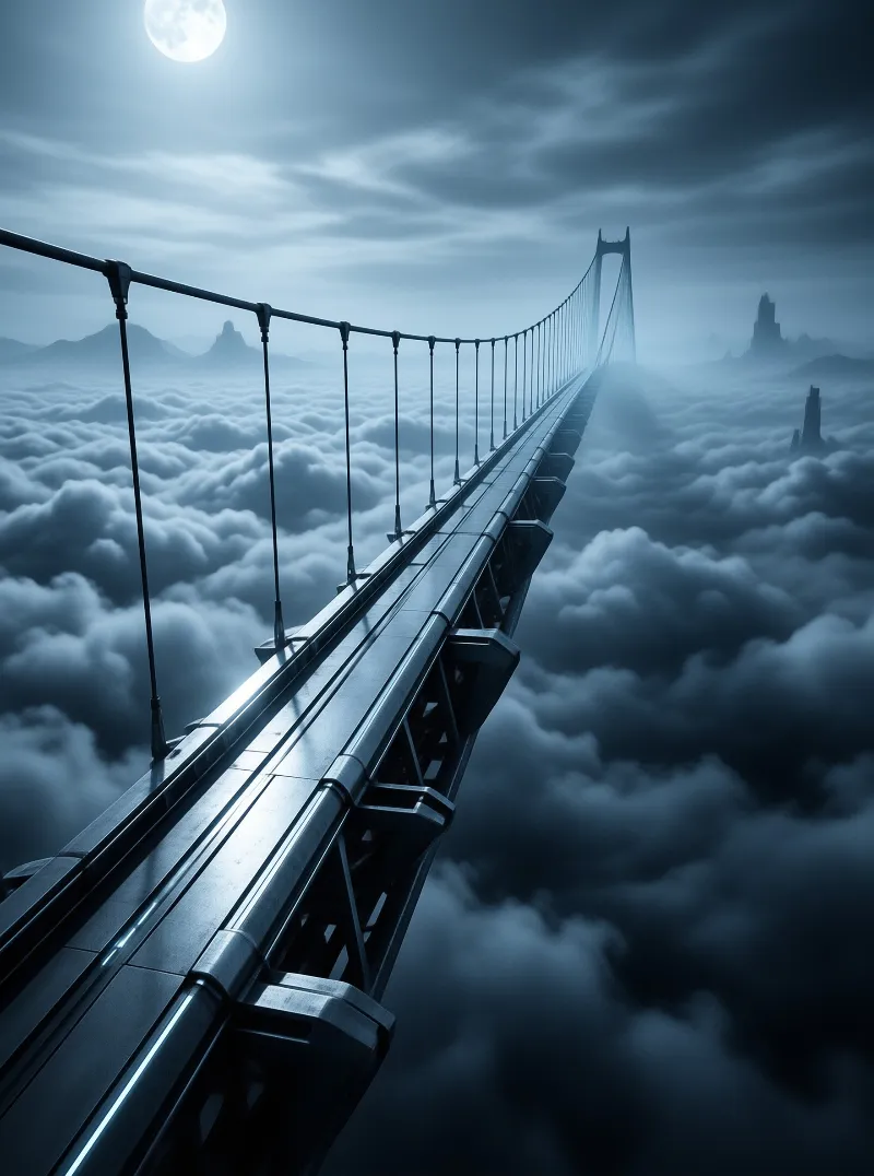 A futuristic suspension bridge extends over a vast ocean of clouds beneath a full moon in a cold blue night sky.