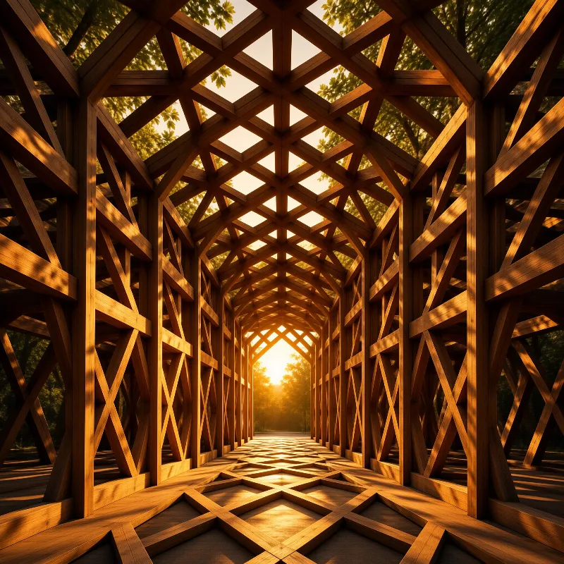 A lattice wooden pergola tunnel leads to bright sunset light surrounded by leafy trees with geometric shadows covering its floor.
