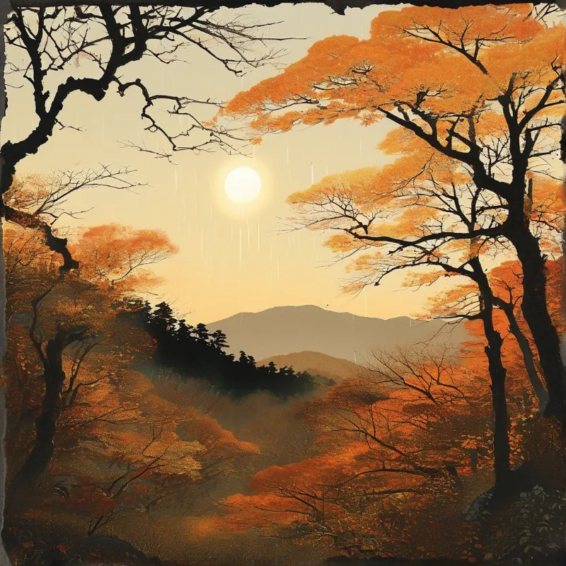 Dark tree branches frame a warm autumn landscape featuring distant mountains and a bright sun amidst falling rain lines.