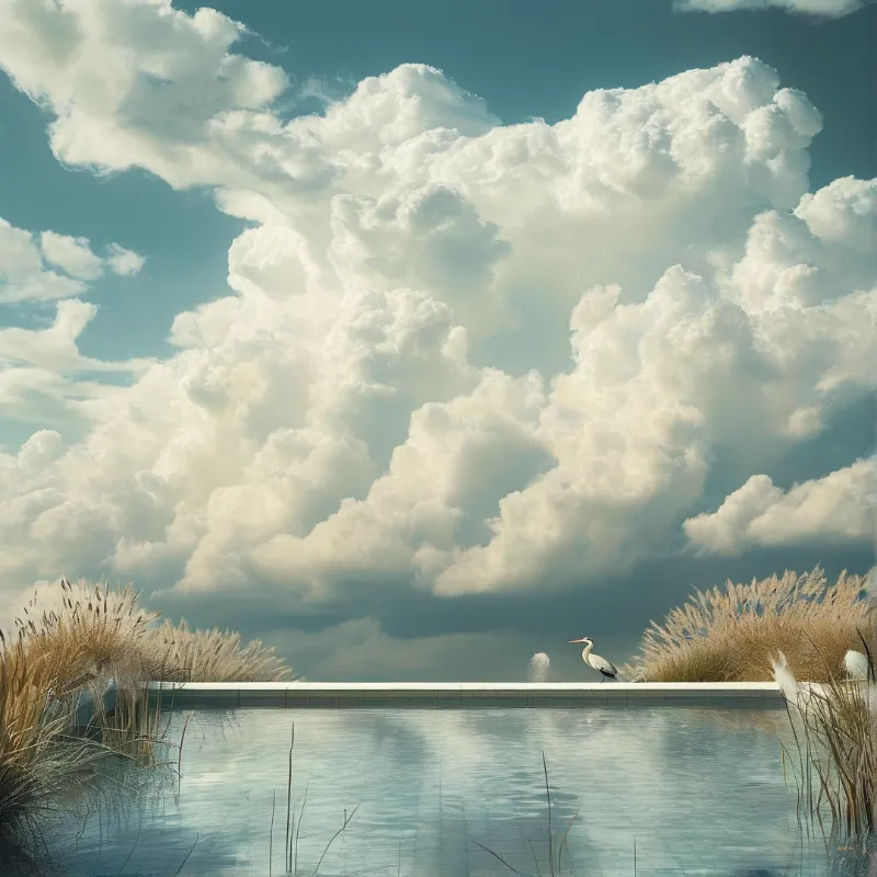 A white heron stands on a smooth white ledge above calm water while enormous cumulus clouds dominate the sky.