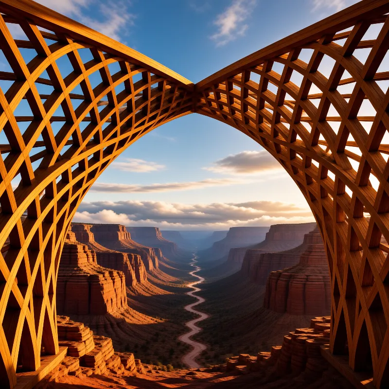 A massive wooden lattice archway frames a vast desert canyon featuring a winding river and towering red rock cliffs.