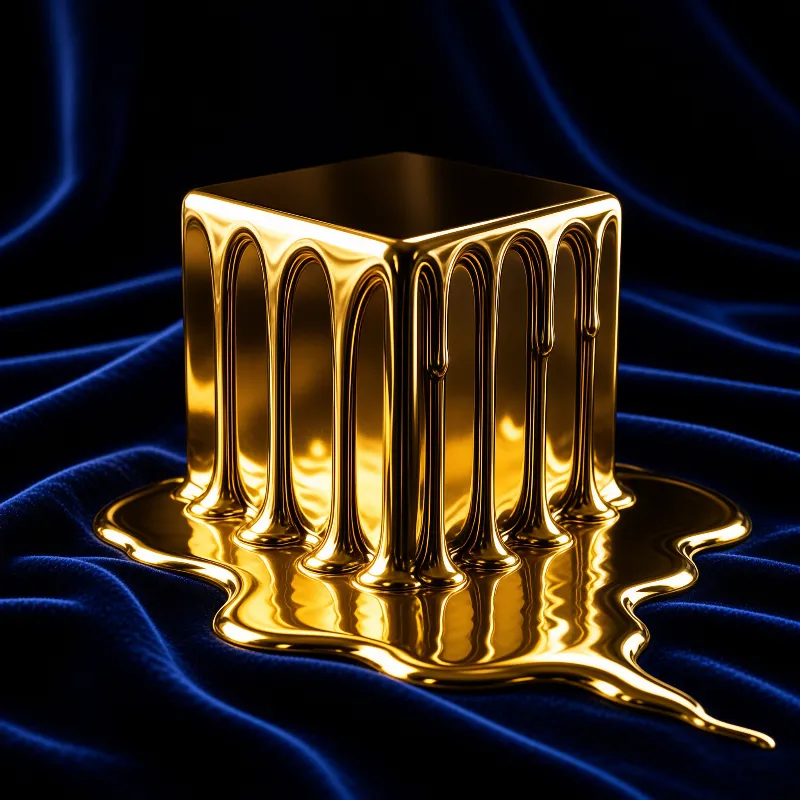 Liquid metal runs down the faces of a bright cube and pools across folds of deep indigo fabric.