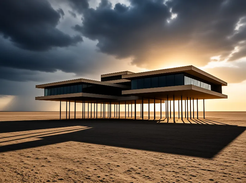 A geometric building rests on thin columns in a vast desert under a sky of dark clouds and sunset.