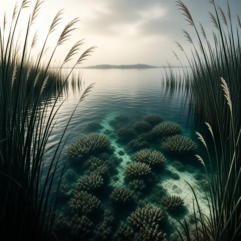 Tall reeds frame submerged coral structures beneath clear water stretching toward a distant shoreline under a cloudy sky.