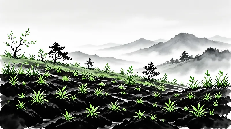 Bright green shoots emerge from black ink textured ground as misty hills and pale mountains fade behind dark pines.