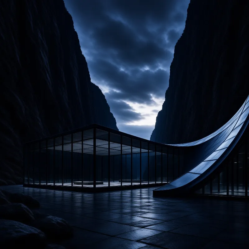 A sleek transparent building stands between towering dark cliffs under a cloudy sky.
