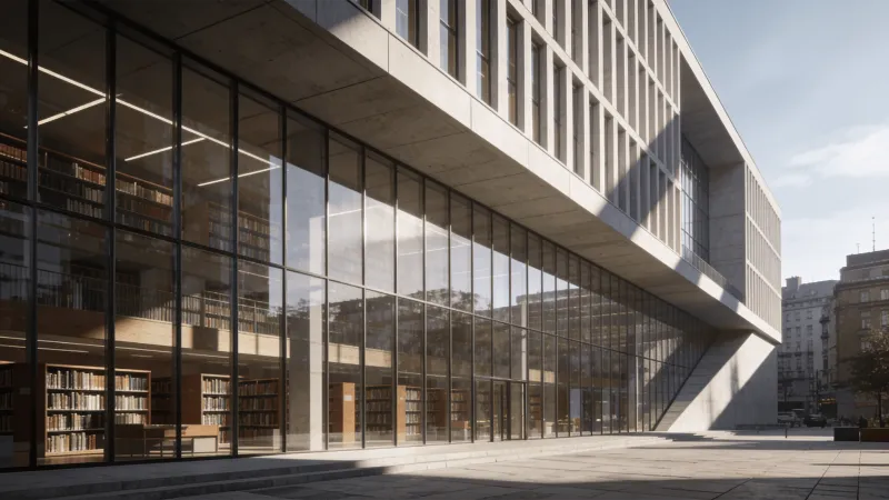 Library with Glass Curtain Wall — Urban Plaza