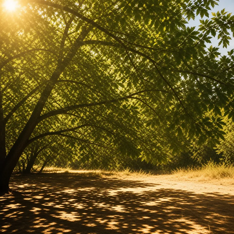 Bright rays penetrate the green foliage casting distinct patterns on the ground below.