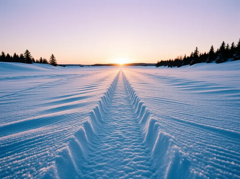 A corduroy groove cut into deep snow runs toward the low sun, framed by dark spruce and a pastel sky.