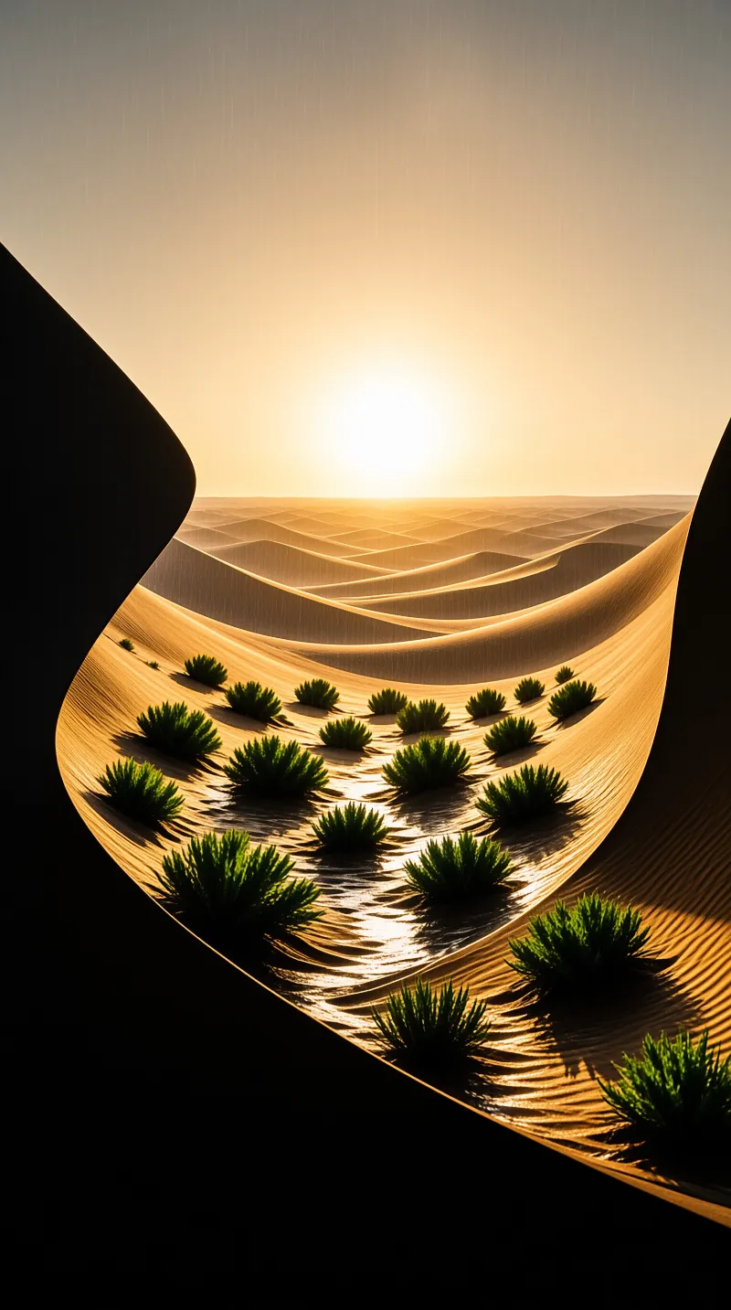 Wind rippled sand dunes scattered with green plants are lit by a bright horizon sun, framed by dark curved shapes.