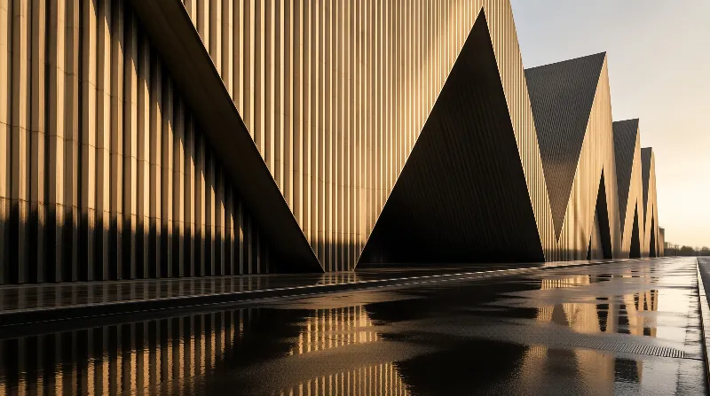 Vertical bronze fins and sharp triangular supports mirror themselves in the dark water of a long reflecting pool.