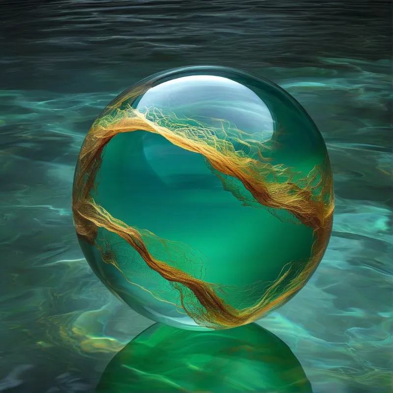 A translucent teal glass orb rests on rippling greenish water, fine golden fibrous strands swirl inside it.