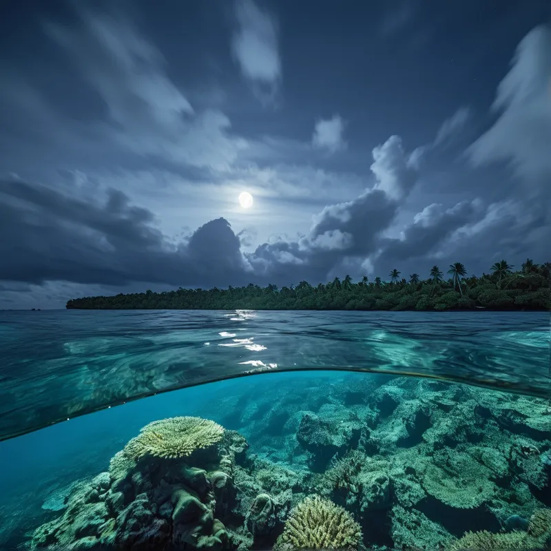 A split-level photograph captures a coral reef below the water surface and a moonlit tropical island above.