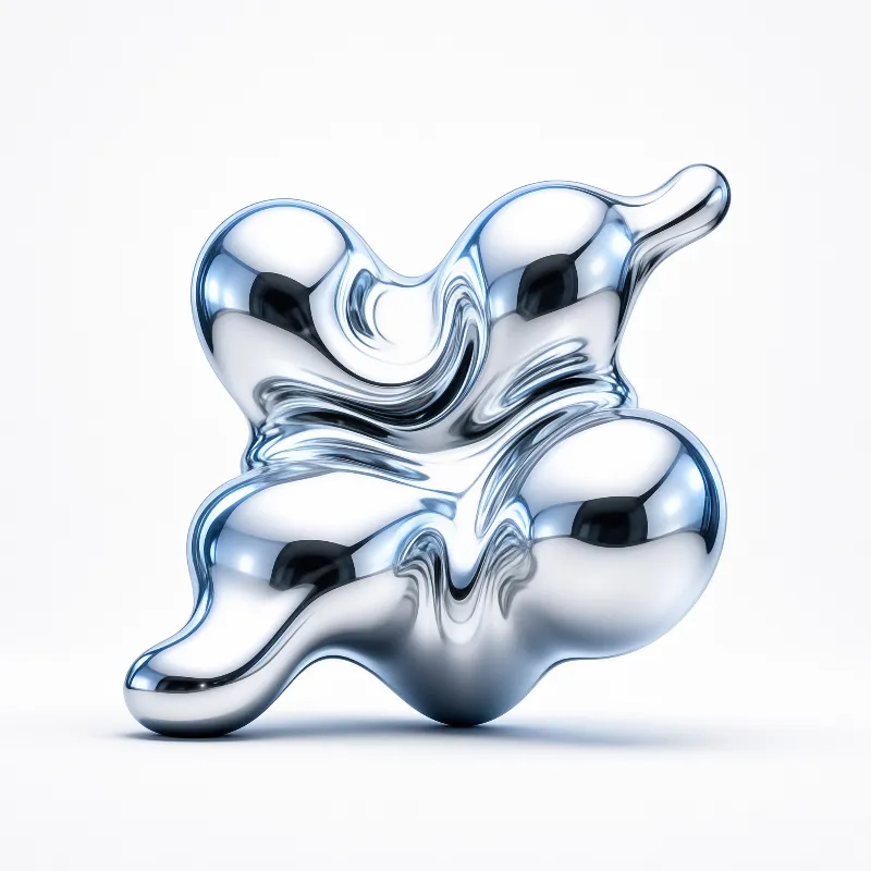 A shiny silver abstract shape resembling flowing mercury sits on a plain surface with sharp reflections.