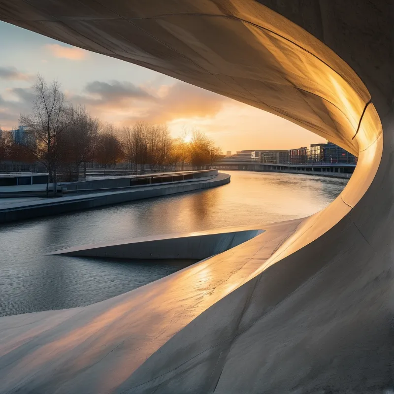 A sweeping curved concrete structure frames a calm river reflecting the warm golden glow of the setting sun.